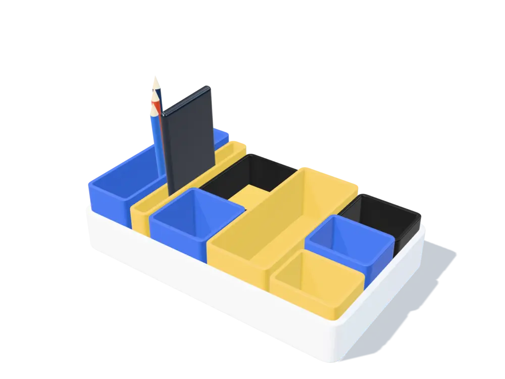 Organizador de escritorio blanco con módulos azul, amarillo y negro
