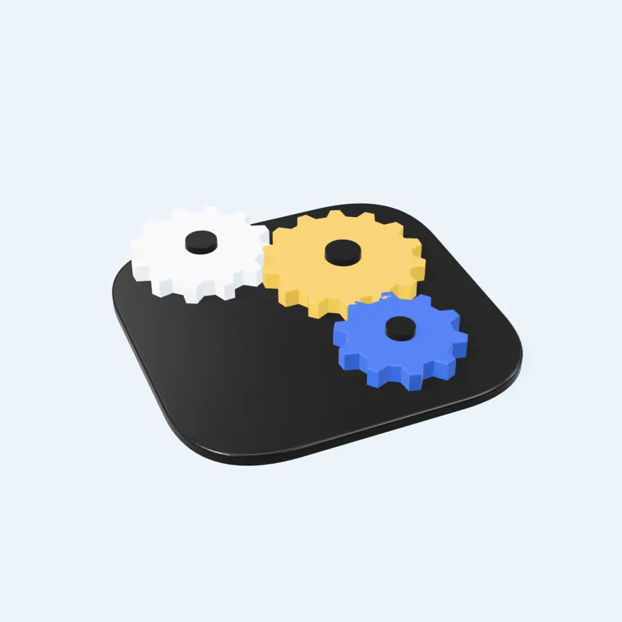 Fidget de engranajes amarillo, azul y blanco sobre base negra